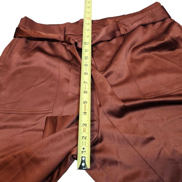 Anthro Joie Pants Satin Wide Leg Stretch Waist Bow Tie Pockets Flowy Copper XL - Picture 10 of 12